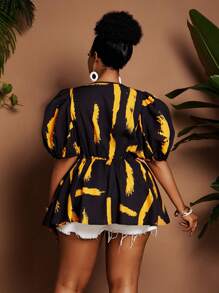 Maweii Áo sơ mi họa tiết hoa cổ chữ V tay bồng cỡ lớn thanh lịch - Nhiều màu - Xem 3