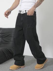 Manfinity Homme Men's Letter Embroidered Pocket Wide Leg Loose Black Jeans - Black - View 8