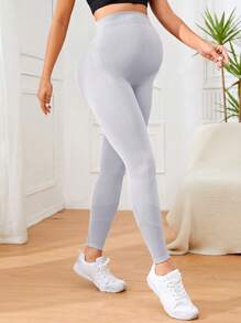Easithlete Maternity Plain Color High Waist Fitted Leggings - Light Grey - View 2