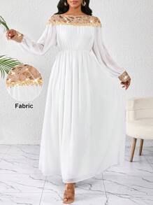 SHEIN Lady Elegantes Pailletten-Patchwork Kleid für Damen, Teegesellschaftskleid, Sommerkleider für Damen, Damen Kleider mit langen Ärmeln, Damen Sommerbekleidung, Damen Sommerkleider, Damenmode Kleider - Weiss - Übersicht 1