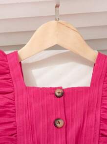 Girls One-Shoulder Cap Sleeve Front Open Placket Straight Leg Casual Jumpsuit, Simple & Versatile For Summer Commuting - Hot Pink - View 4