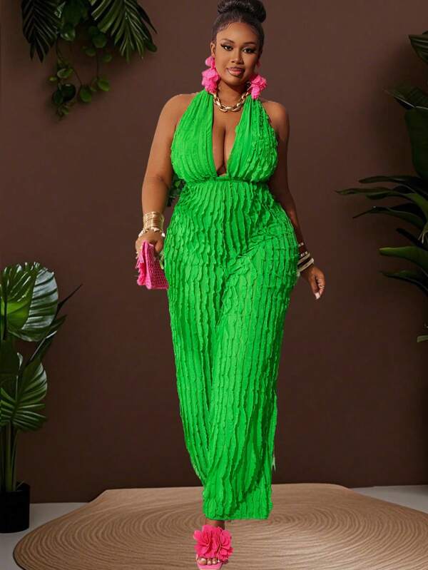 Slaydiva Plus Size Women's New 2025 Ruffled V-Neck Solid Color Green Wide Leg Jumpsuit, Casual Vacation Wear, Spring & Holiday, Island Outfit