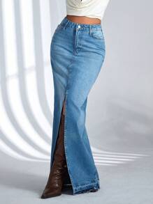 CasuGlow Women'S Denim High Slit Skirt - Light Wash - View 6