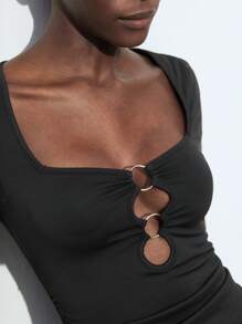Maija Nuevo vestido largo casual y cómodo con acento de anillo circular y cuello ancho, adecuado para festival de música, vacaciones en la playa, uso casual diario, resort urbano romántico, apropiado para salidas, reuniones, bodas y temporada de graduación. Primavera/Verano 2025