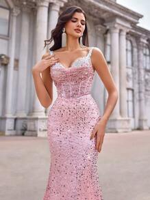 Aureia 优雅奢华的弹力亮片褶饰美人鱼裙，适合婚礼、派对、度假、舞会、正式活动、派对礼服、婚礼宾客礼服、晚礼服、长袍