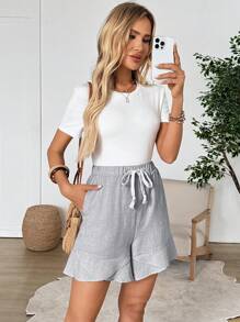 EMERY ROSE Women's Casual Grey Woven Fabric Shorts With Ruffle Hem And Drawstring Waist - Grey - View 5