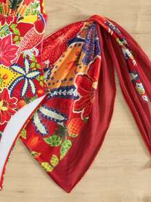 Swim Vcay 2pcs Set: 2025 New Full Print V-Neck Ruffled Edge Halter Backless Spaghetti Strap One-Piece Swimsuit & Matching Printed Sarong Skirt, Summer Beach Holiday Resort Style - Multicolor - View 4