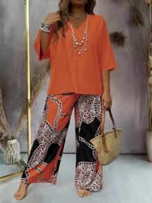 Plus Size Women 2pcs Set: V-Neck Batwing Sleeve Solid Top And Chain Print Waistband Wide Leg Pants, Loose Fit For New Year Clothes - Orange - View 3