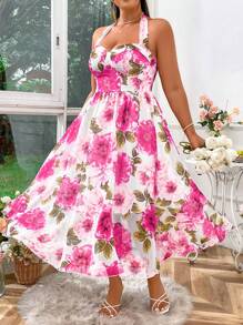 SHEIN Clasi Plus Size Women Floral Print Elegant Halter Neck Dress, Vacation Style - Hot Pink - View 5