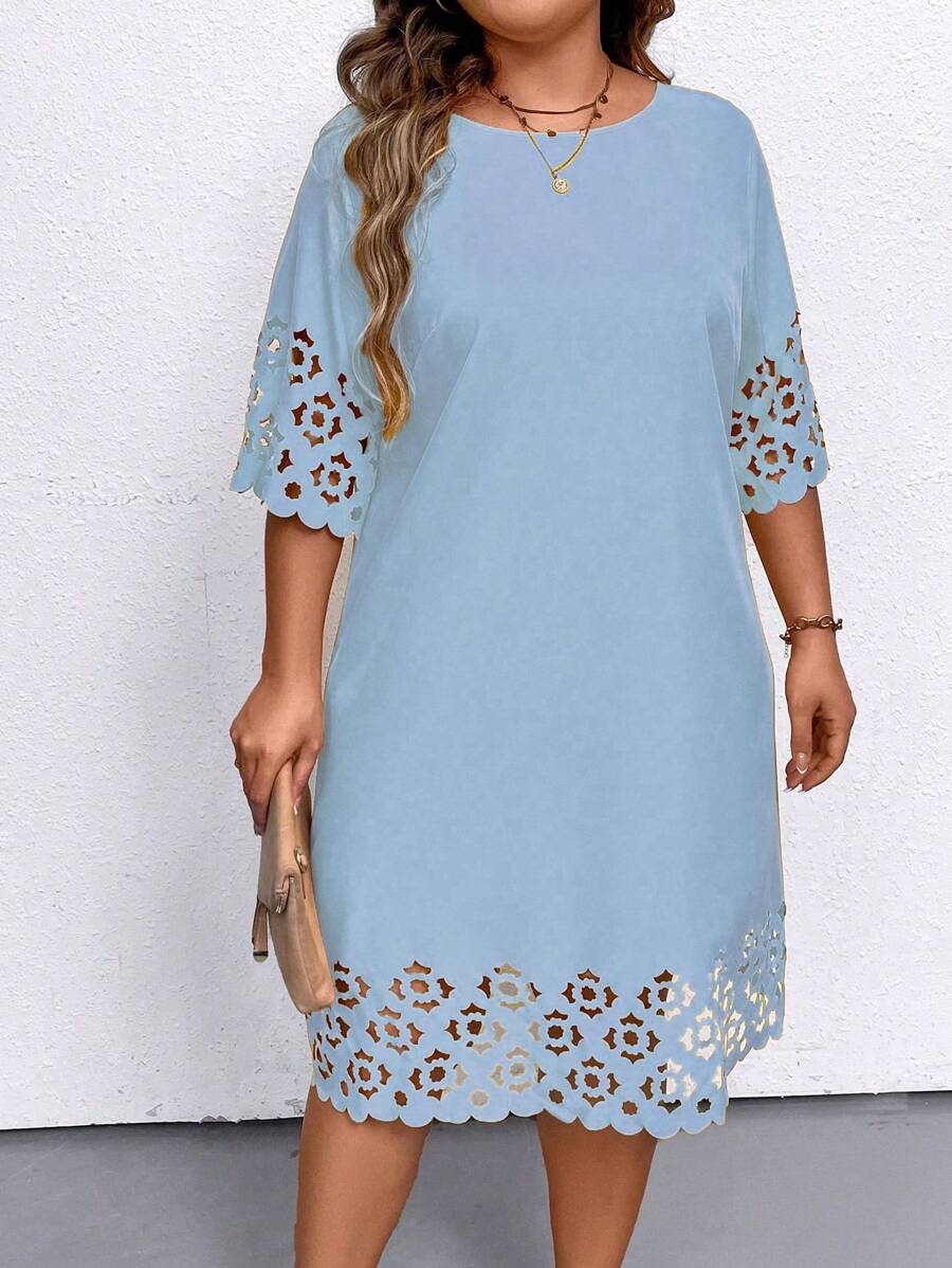 Plus Size Solid Color Short Sleeve Round Neck Simple Fashionable Dress, Suitable For Summer - Baby Blue - View 1