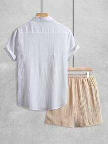 Manfinity Homme Men's Solid Color Simple Short Sleeve Shirt And Shorts Set For Daily Wear - White - View 2