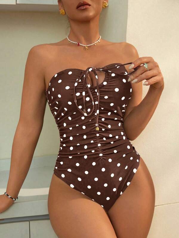 Swim Chiccia Women's Sexy Black Polka Dot Ruffle One-Piece Swimsuit, Tie Front Beach Resort Outfit