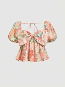SHEIN MOD Women Floral Print Ruffle Puff Sleeve Blouse