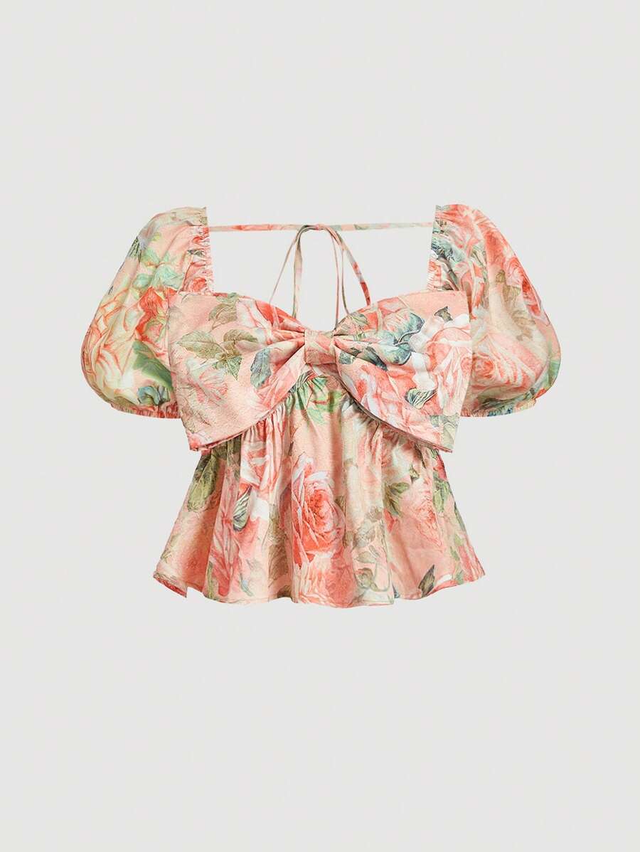 SHEIN MOD Women Floral Print Ruffle Puff Sleeve Blouse