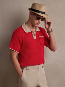 AKNOTIC Men's Crochet "Old Money" Pattern Casual Knitted Polo Shirt, Fashion Daily Wear, Suitable For Commute, Summer, Vacation, Party, Wedding, Couples, Boyfriend Gift, Beachwear - Red - View 6