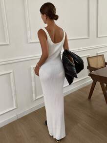 Livesso Damen ärmellose lange einfarbige Lässig Strickkleid, Sommer Damen Pulloverkleid - Weiss - Übersicht 8