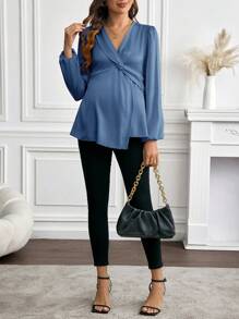 SHEIN Pregnant Women V-Neck Solid Twist Design Elegant Long Sleeve Blouse - Blue - View 6