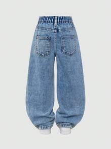 Young Girl Casual Basic Comfy Fashion Loose Straight Sweet Full Butterfly Print Washed Denim Jeans - Medium Wash - View 2