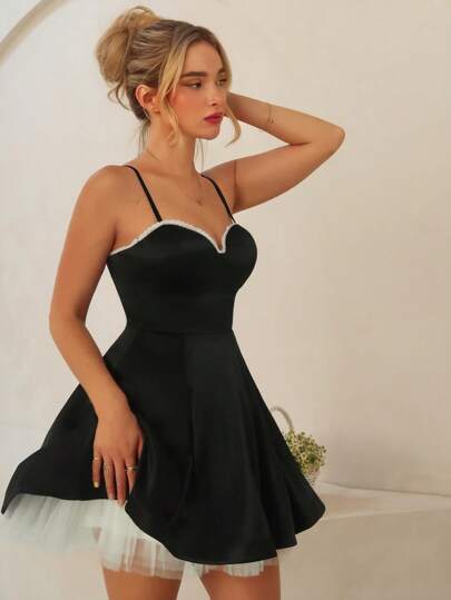 Glamine Vestido negro de mujer con patchwork, volantes en la cintura, cinturón ajustado - Elegante, conjunto de verano para mujer, vestido de fiesta, vestido negro, vestido de invitada de boda, vestido de graduación