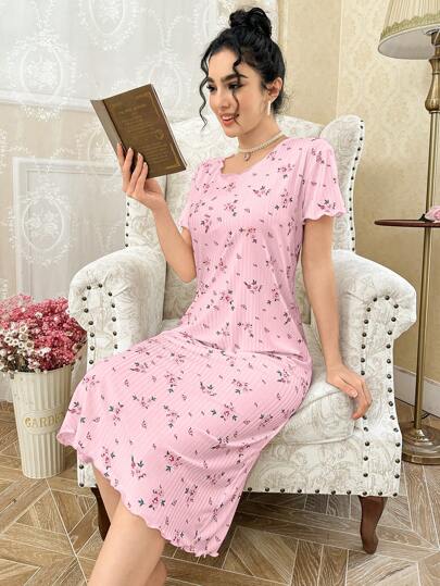 CottageSlumber Bloemen Print Ribbed Relaxed Fit Short Sleeve Hem Rolled Nightgown Babydoll Perfect Moo Bountiful Splendor Cozy Elegante view 3