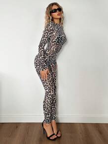 SHEIN ICON Sexy Leopard Print Semi-Sheer Y2K Halloween Costume Women Leopard Mesh Skinny Jumpsuit - Black and White - View 4
