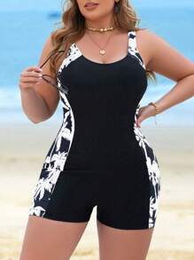 Swim SPRTY Traje de baño estampado con árboles de coco de talla grande para mujer, de una pieza, con cintura delgada sexy y tirantes ajustables, adecuado para vacaciones, trabajo y ocio