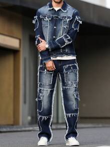 Manfinity LEGND Men's Casual Washed Distressed Denim Jacket And Pants Set, Emo Style, Fall Clothes - Dark Wash - View 3