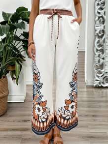 INAWLY Plus Size Women Floral Print Casual Pants For Holiday Fall Cloth For Women - White - View 2