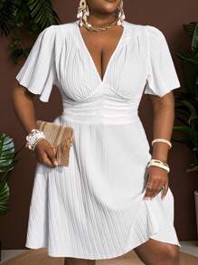 Slaydiva 2025 New Rave/Easter Outfit, Old Money Style, Country Concert Outfit, Going Out Outfit, Fairycore, Festival Outfit, Tropical Vacation Clothes, Summer Outfit For Women, Summer, Rave, European Summer, Spring Outfit, Western Wear Plus Size, Concert, Graduation Outfit, Versatile Daily Casual Simple Sexy/Minimalist Plus Size, White Casual Ruffle Sleeve V-Neck Mini Dress