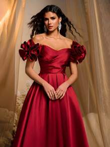 Glamrae Elegante vestido de gala de color vino tinto con mangas con volantes y escote fuera de los hombros realzado con lentejuelas, silueta de línea A con bajo de cola de pez, espalda descubierta y cierre ajustable, vestido formal perfecto para fiestas, bodas y eventos de noche - Burdeos - Ver 2