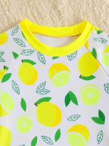 SHEIN 柠檬印花长袖上衣和三角比基尼套装，年轻女孩风格