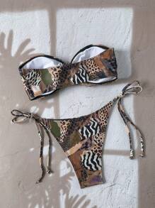 Swim Vcay 2pcs Women's Random Print Bandeau Tied Sexy Strapless Bikini Set, Summer - Multicolor - View 2