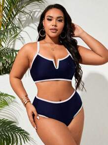 SHEIN Swim Curve Plus Size Women Cami Split Casual Swimming Suit Set For Summer Beach Vacation - Navy Blue - View 3