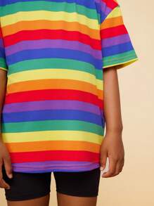 Set de 2 piezas CutesyCutie: Camiseta holgada de cuello redondo con rayas de arcoíris de punto y pantalones cortos de punto, para niñas jóvenes, conjunto de 2 piezas de accesorios para niñas jóvenes, conjunto de 2 piezas de parte superior para niñas jóvenes, conjuntos de ropa para niñas jóvenes de manga corta, ropa de primavera y verano
