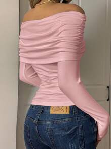 SHEIN EZwear 女款莲藕粉色针织露肩长袖休闲T恤 - 藕粉色 - 查看 4