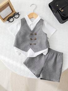 Set de 2 piezas con chaleco y pantalones cortos grises con botonadura doble informal y estilo coreano para niño/niña, adecuado para fiesta de cumpleaños, fiesta de noche, actuación, boda, celebración del mes, bautizo y primer cumpleaños, fiesta de bebé