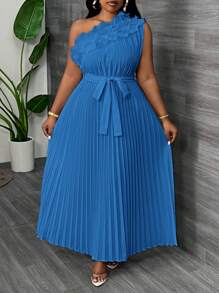 Slaydiva Plus Size Elegant Formal Party Asymmetric Shoulder Ruffle Waisted Pleat Dress, Apricot Color, Summer