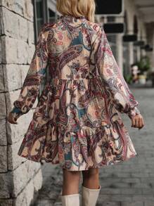 SHEIN LUNE Paisley Print Lantern Sleeve Ruffle Hem Smock Dress - Multicolor - View 2