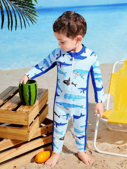 Cute Whale Pattern Swimsuit, Colorful Whale Design, Perfect For Baby To Enjoy Dream-Like Underwater Moments