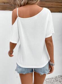SHEIN Essnce Áo thun tay ngắn dáng rộng bất đối xứng in hình cờ Mỹ tối giản, thoải mái dành cho nữ, phù hợp cho mùa hè - trắng - Xem 2