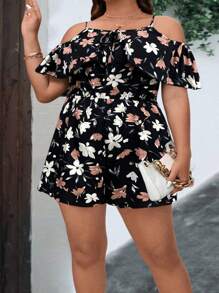 SHEIN CURVE+ Plus Size Women Floral Print Ruffle Off Shoulder Casual Jumpsuit - Multicolor - View 3
