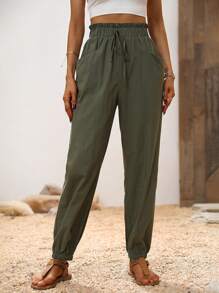 SHEIN LUNE Damen elegante Lässig einfarbige Bambus gestrickte Hose mit Taillentasche und Tunnelzug in der Taille - Armeegrün - Übersicht 6