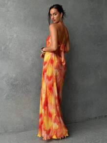 Aloruh 女式无袖印花后背褶饰系带连衣裙