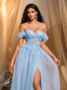 Glamrae Elegant Light Blue Off-Shoulder Waist Mesh See-Through Gorgeous Sequin 3D Floral Applique Extra-Wide A-Line Dress With Adjustable Side Ties, Formal Evening Gown, Party Dress, Wedding Guest Dress, For Valentine's Day - Baby Blue - View 5