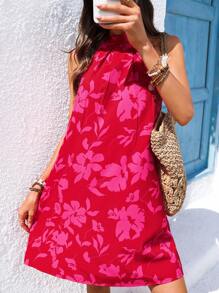 Vivid Eden Floral Print Sleeveless Short Dress For Women, Vacation Style, Spring And Summer,Printed Dress, Sleeveless, For Summer Beach Vacation,Casual Style,Festival,Romantic Vacation Dress,Summer Outfits For Women,Beach Outfits For Women