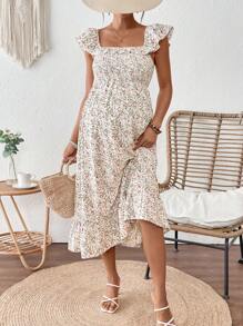 SHEIN Ditsy Floral Square Neck A-Line Maternity Dress, Minimalist Fashion, Suitable For Summer - Multicolor - View 5