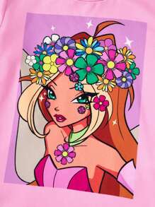 The Winx X SHEIN 少女公主图案粉色甜美可爱白色休闲短袖T恤