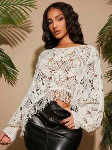 SHEIN SXY Oversized Round Neck Patchwork Openwork Crocheted Curved Hem Fringed Loose Pullover Sweater Top