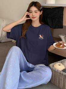 DAZY Bộ áo sơ mi in hình ngựa dễ thương & quần ngủ chấm bi nhiều màu, 2 món đồ mặc ở nhà thường ngày - Màu xanh hải quân - Xem 3