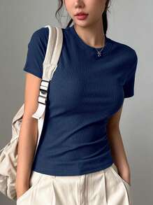 DAZY Áo thun cổ tròn tay ngắn màu trơn dáng ôm vừa vặn dành cho nữ - Màu xanh bụi bặm - Xem 3